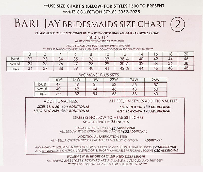 Bari Jay Junior Bridesmaid Size Chart