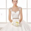 Jeweled waistline with lace-capped sleeved bridal gown from Rosa Clara