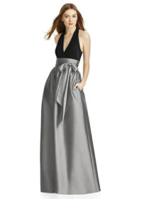 Full length sleeveless dress w/ v-neck maracaine jersey bodice. 3" attached sash at natural waist. Pockets at side seams of shirred peau de soie skirt. Dress available w/any color maracaine jersey bodice and any color peau de soie skirt. Sash always matches skirt.