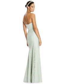 Full length strapless matte chiffon dress w/ pleated bodice and sweetheart neckline. Marquis lace trumpet skirt