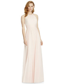Full length lux chiffon dress w/ gathered halter neckline and triangle cut out detail at back. Shirred inset midriff at natural waist. Shirred skirt