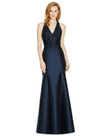 Full length halter dress w/ v-neck. Victoria sequin lace bodice has diamond cut out detail at back. Sateen twill trumpet skirt