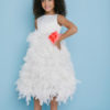 Style 5120 is a T-length Flower Girl dress with a feather skirt and a satin top with a V back. The waist is accented with a ribbon that ties in the back with a flower. Satin buttons cover the zipper