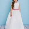 Style 5125 is a full length sleeveless dress with a scoop neckline. The dress is covered with delicate lace on the top and peplum on the skirt covering an organza overlay. waist is accented by a 24/25 bling ribbon that ties to a bow in the back. Lace buttons cover the zipper.