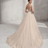 A-line beaded lace and tulle wedding dress with V-neckline and low back.