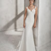 Mermaid-style crepe and lace wedding dress with sweetheart neckline and lace back.