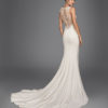 Mermaid-style crepe wedding dress with beaded lace back.