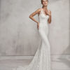 Mermaid-style beaded lace wedding dress with V-neckline and low back.