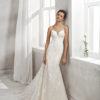 Mermaid-style beaded lace wedding dress with sweetheart neckline and tattoo-effect back, in nude and natural.