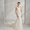 Mermaid-style beaded lace wedding dress with V-neckline, in nude and natural.