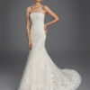 Mermaid-style lace strapless wedding dress, in nude and natural.