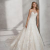 A-line beaded lace wedding dress with sweetheart neckline, in nude and natural.