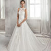 A-line beaded lace and tulle wedding dress with illusion neckline and low back.