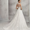 A-line beaded lace and tulle wedding dress with illusion neckline and low back.