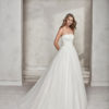 Princess-style beaded guipure lace and tulle strapless wedding dress.