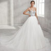 Princess-style lace wedding dress with sweetheart neckline and full tulle skirt, in natural/silver and natural.