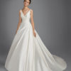 Classic-style mikado wedding dress with V-neckline and gathered side.