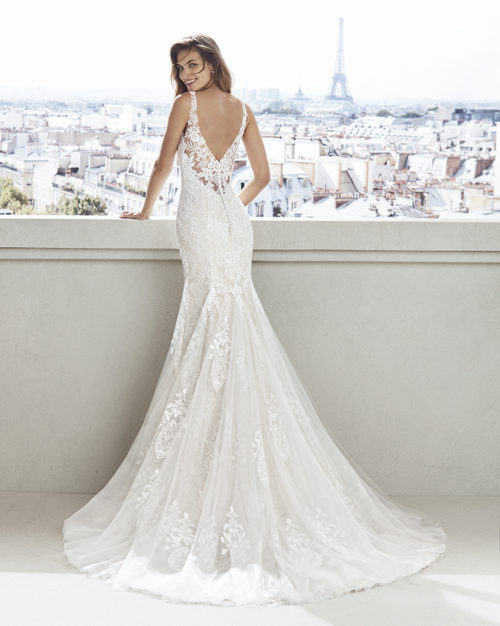 BRIDAL GOWN - Lace shoulder straps with semi-low-bavk adorned with lace.