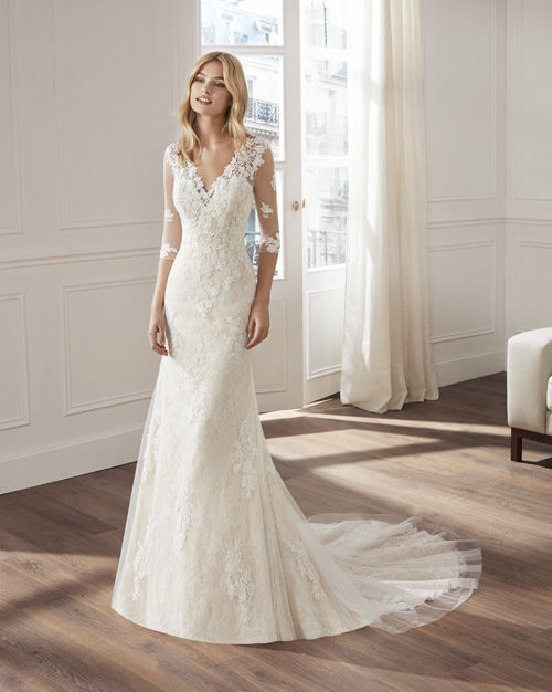 Bridal Gown - Lace capped shoulder with sheer lace sleeves