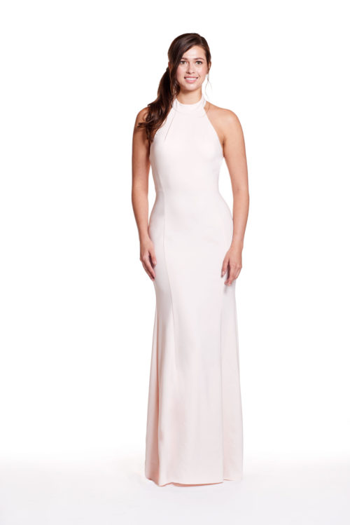 STYLE: 1900 High neck halter dress with pleats and fit & flare skirt with slight train.