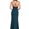 V-neck spaghetti strap dress with criss-cross detail on bodice and slim fit skirt.