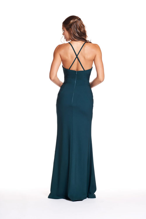 V-neck spaghetti strap dress with criss-cross detail on bodice and slim fit skirt.