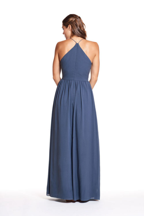 V-neck dress with spaghetti strap bodice detailing and A-line skirt.
