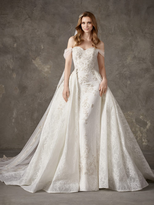 Romantic wedding dress, mermaid lace with a detachable overlay skirt