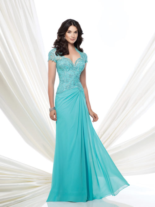 Chiffon A-line gown with lace Queen Anne neckline and short sleeves, hand-beaded lace bodice with asymmetrical waist and illusion and lace keyhole back, side draped skirt accented with lace, sweep train,