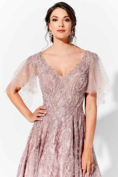 Embroidered Lace, Beading & Stone Accents Shawl Included, Detachable Flutter Sleeves Included, Separate Bodice Liner Included. Colors: Dusty Rose, Slate, Navy Blue
