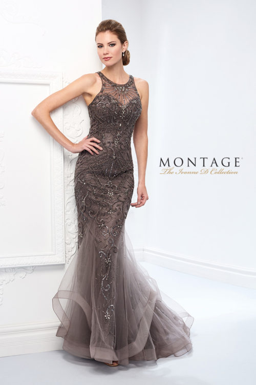 Sleeveless tulle over jersey trumpet gown, hand-beaded illusion jewel neckline, drop waist sweetheart bodice encrusted with beaded motifs, beaded illusion back, multi-layered skirt with horsehair trim and sweep train. Matching shawl included.