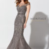 Hand-beaded tulle mermaid gown with illusion cap sleeve and bateau neckline, sweetheart bodice with beaded natural waist, illusion back, horsehair hemline. COLORS:  Dark Gray, Apricot, Navy Blue, Charcoal Nude SIZES:  4 - 26W