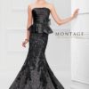 Strapless satin and lace trumpet gown with hand-beaded lace trimmed neckline, ruched peplum bodice features beaded lace waistband with embellished side obi-style bow accent, beaded multi-toned lace skirt with scalloped hem. Matching shawl and removable straps included.