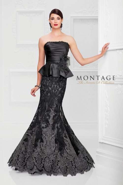 Strapless satin and lace trumpet gown with hand-beaded lace trimmed neckline, ruched peplum bodice features beaded lace waistband with embellished side obi-style bow accent, beaded multi-toned lace skirt with scalloped hem. Matching shawl and removable straps included.