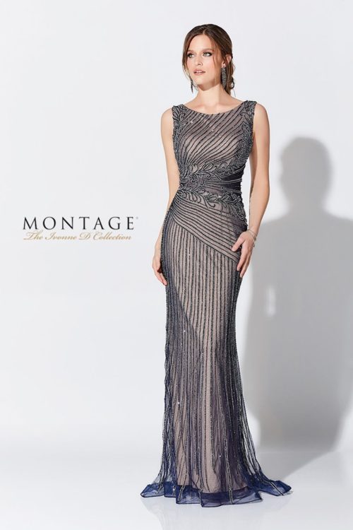 Stylish and flirtatious, this sleeveless allover beaded and tulle fit and flare gown offers a classic bateau neckline, an asymmetrically beaded bodice, an illusion midriff with motif, an asymmetrically dropped waistline, a horsehair hemline and a slight sweep train. Separate bodice lining is included for additional modesty.