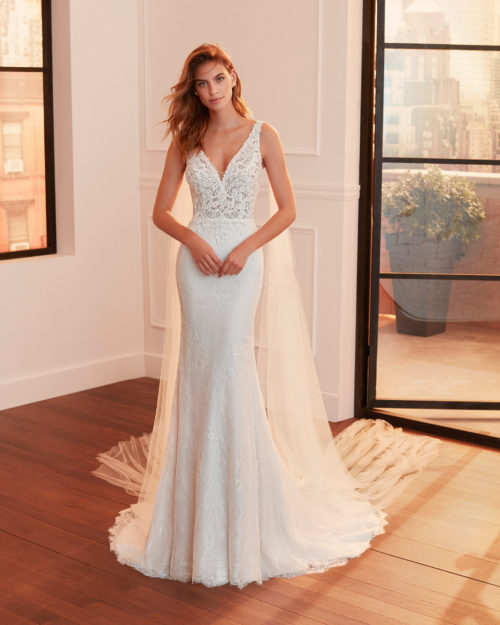 LAYLA Mermaid-style lace and tulle wedding dress with beading, draped tulle and low V-back.