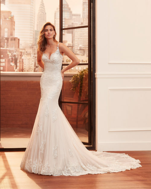 LENOX Mermaid-style wedding dress in lace and dot tulle with beading, sweetheart neckline and back with round opening.