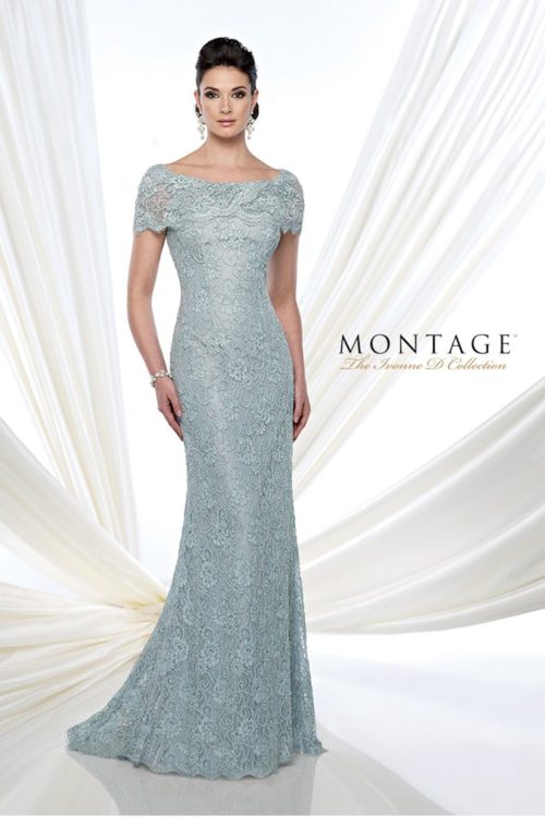 Lace fit and flare gown with short sleeves, wide bateau portrait collar, back covered buttons, lace applique placed around back thigh, sweep train.