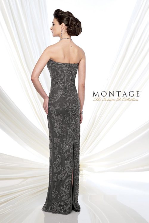 Strapless lace and chiffon sheath with sweetheart neckline, center back slit. Matching shawl and removable straps included.