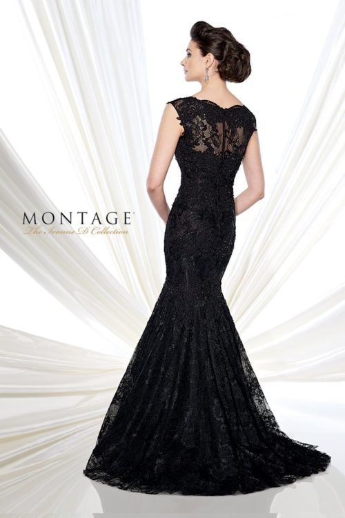 Sleeveless lace and mesh trumpet gown with scalloped lace V-neckline, sheer lace back, sweep train. Matching shawl included.